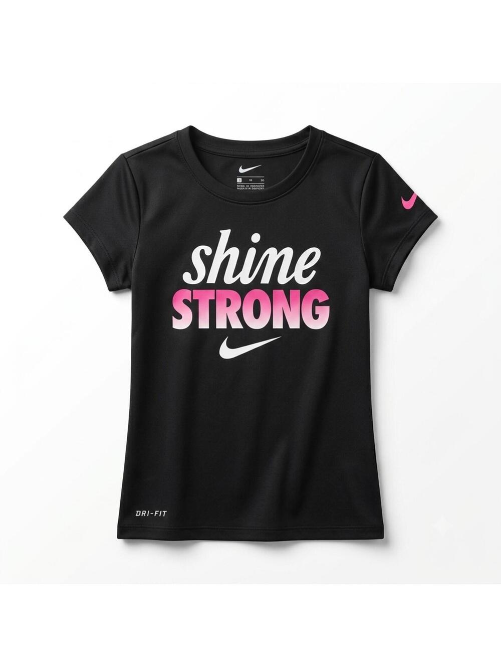 Nike Girls Dri-FIT "Shine Strong" Athletic Tee Black Pink Size 5-6Y